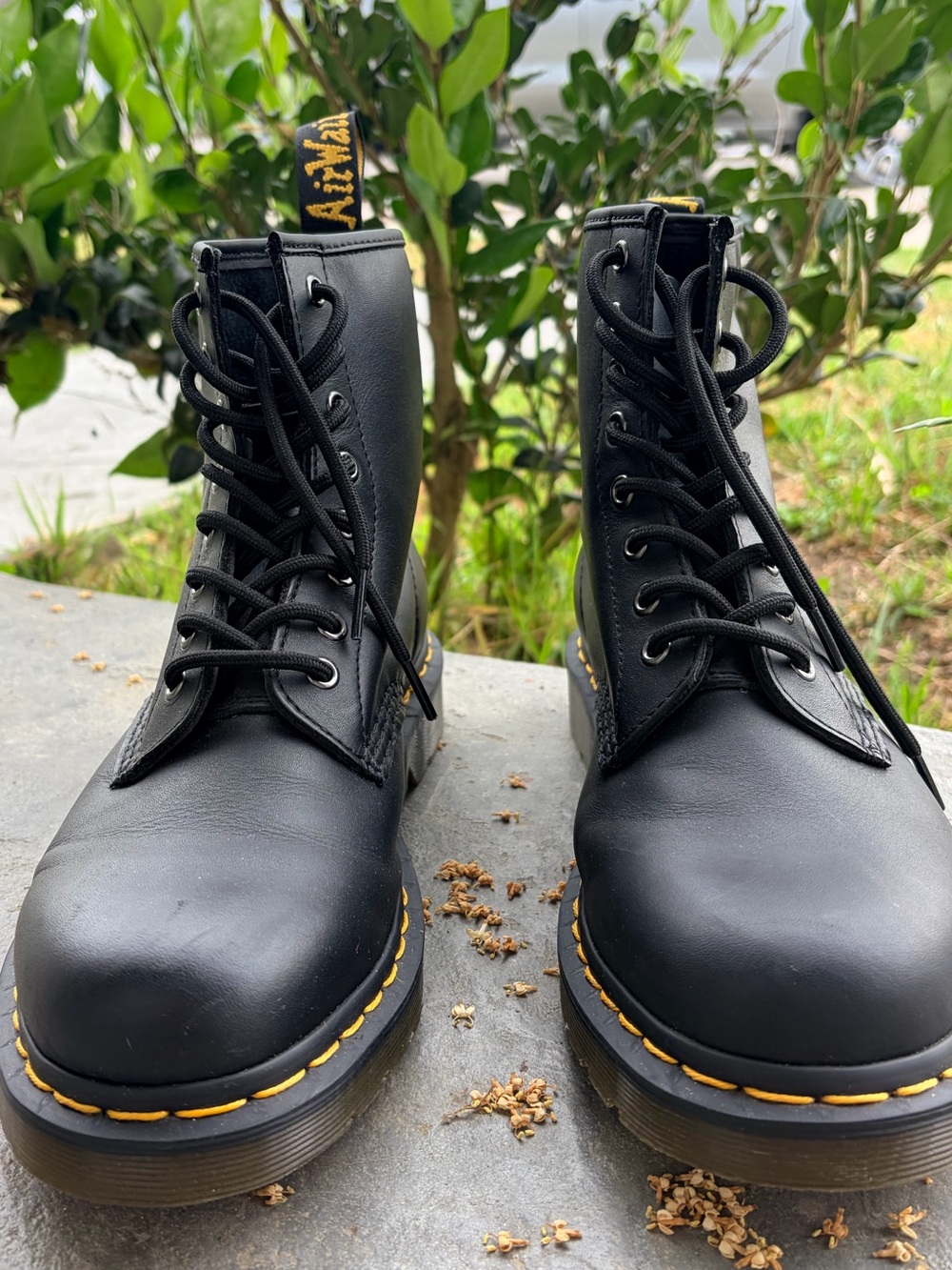 Dr. Martens Black Lace-Up Combat Boots with Yellow Stitching